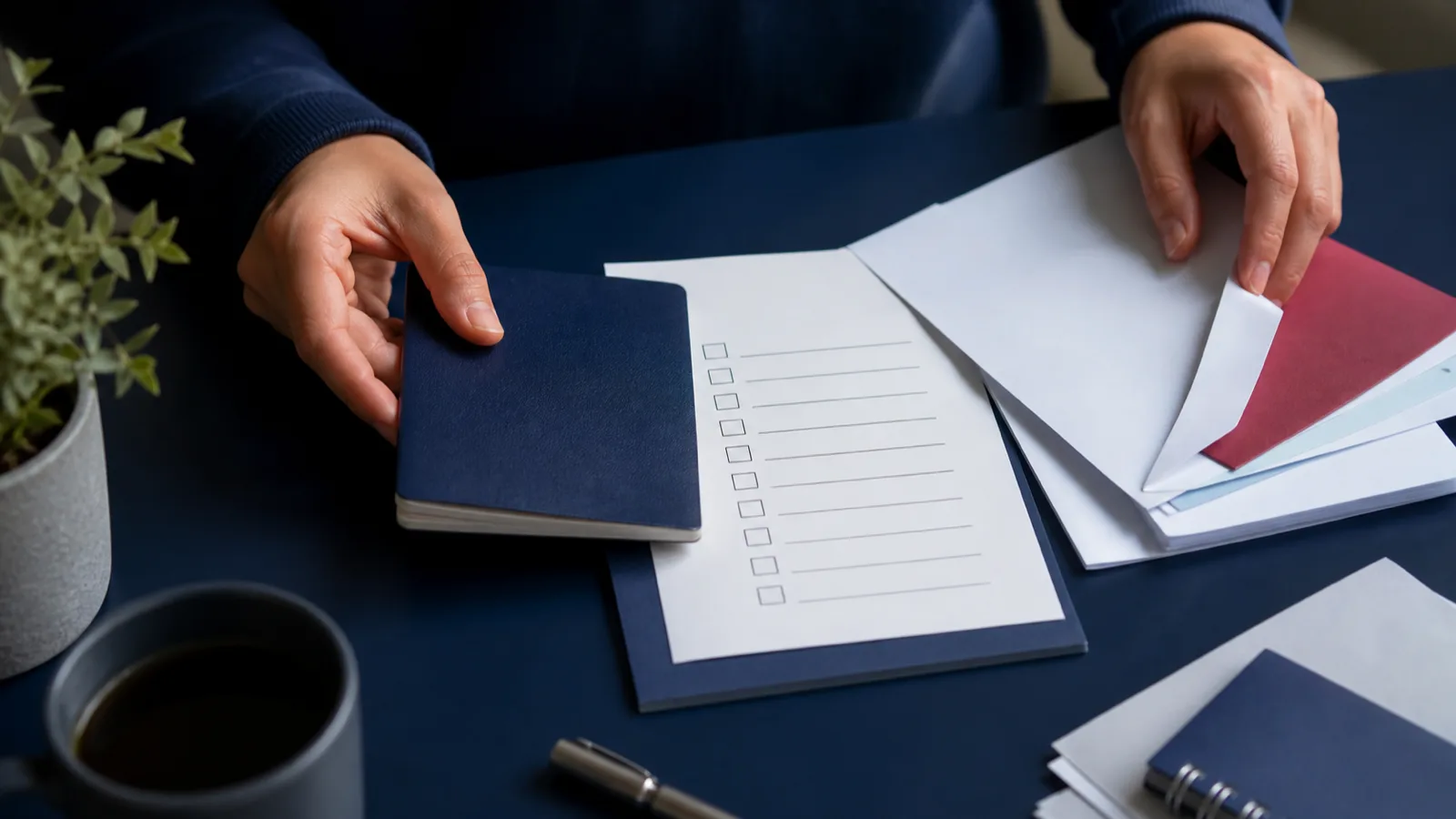 Pasaporte y documentos organizados sobre un escritorio azul marino