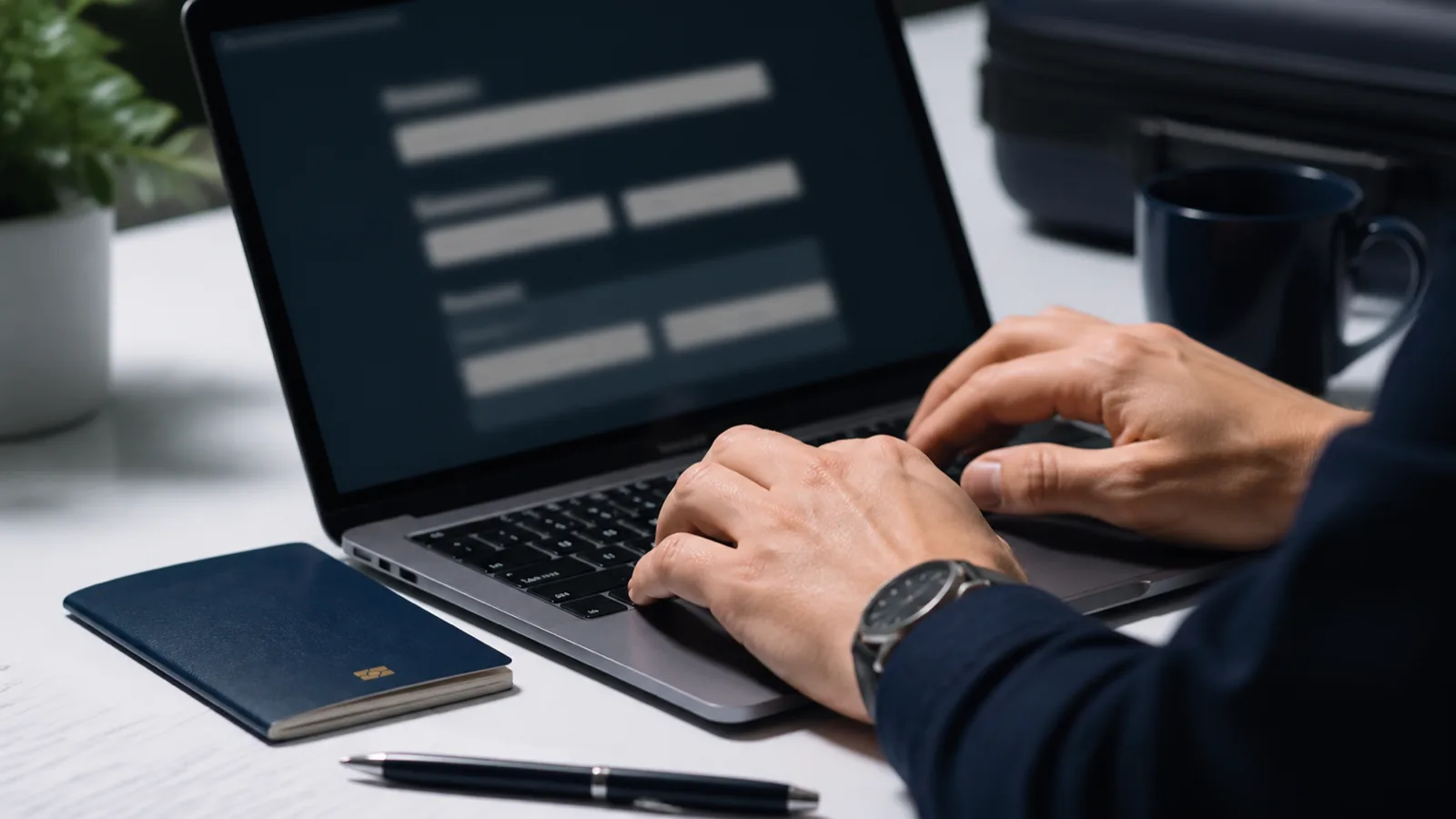 Laptop y pasaporte preparados para completar un formulario de visa