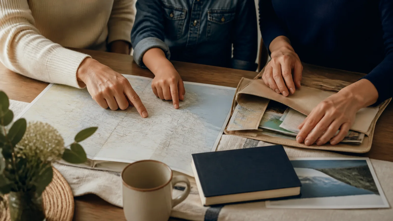 Familia organizando una carpeta de viaje alrededor de una mesa